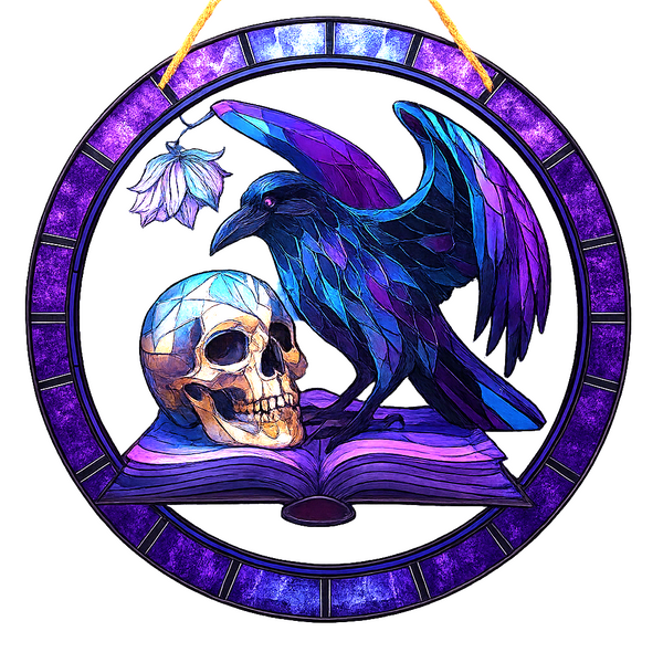 Gothic Raven & Skull Suncatcher 8" Purple Stained Glass Style Window Hanging
