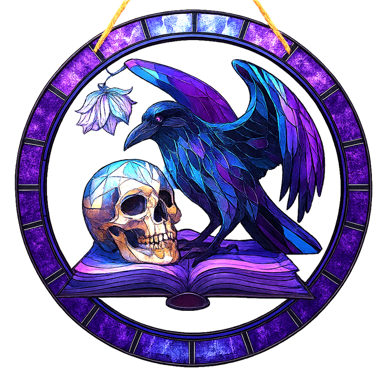 Gothic Raven & Skull Suncatcher 8" Purple Stained Glass Style Window Hanging