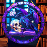 Gothic Raven & Skull Suncatcher 8" Purple Stained Glass Style Window Hanging