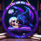 Gothic Raven & Skull Suncatcher 8" Purple Stained Glass Style Window Hanging