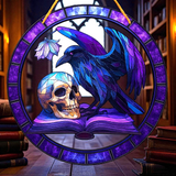 Gothic Raven & Skull Suncatcher 8" Purple Stained Glass Style Window Hanging