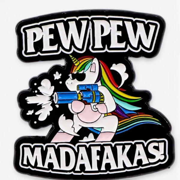 Funny Unicorn Pew Pew Enamel Pin 1" Cute Sarcastic Meme Lapel Pin
