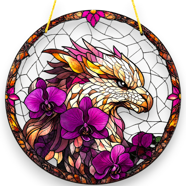 Purple Orchid Phoenix Suncatcher – Faux Stained Glass Window Hanging 8"