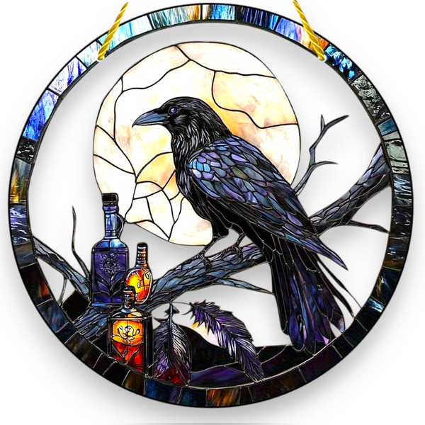 Gothic Raven Sun Catcher Round Acrylic Window Hanging Moon Crow Home Decor