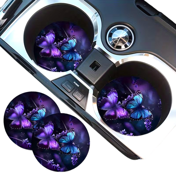 Butterfly Car Coasters 2pc Purple Blue Fantasy Cup Holder Insert