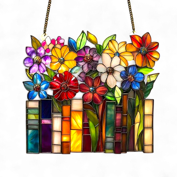 Colorful Flowers & Books Faux Stained Glass Acrylic Window Suncatcher 8"