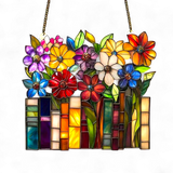 Colorful Flowers & Books Faux Stained Glass Acrylic Window Suncatcher 8"