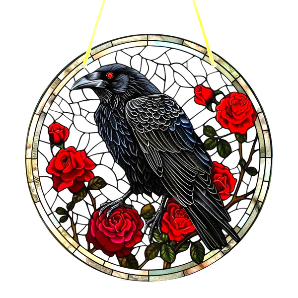 Raven & Red Roses Suncatcher 8" Gothic Window Hanging Decor 2D Flat Acrylic Art