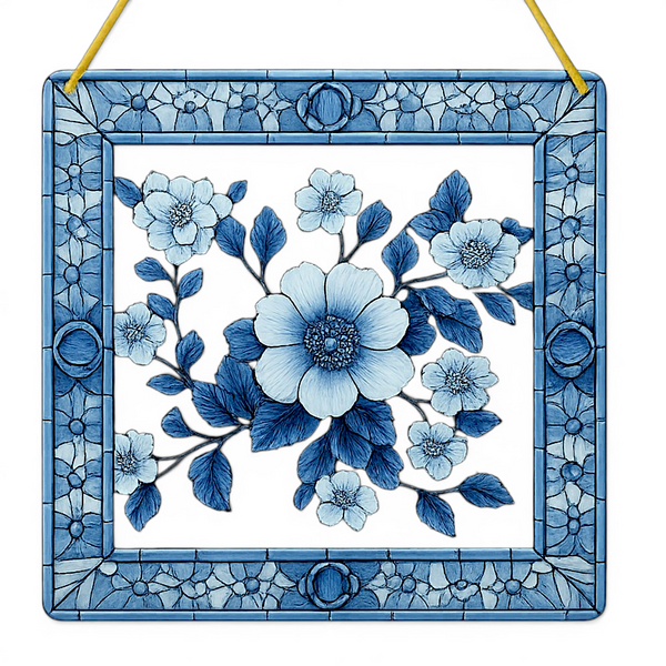 Blue Floral Suncatcher Faux Stained Glass Window Hanging 8" Decor