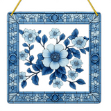 Blue Floral Suncatcher Faux Stained Glass Window Hanging 8" Decor