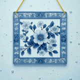 Blue Floral Suncatcher Faux Stained Glass Window Hanging 8" Decor