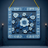 Blue Floral Suncatcher Faux Stained Glass Window Hanging 8" Decor