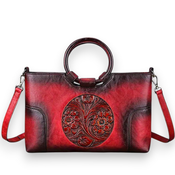 Vintage Leather Handbag Floral Embossed Red Tote Ring Handle Boho Chic