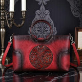 Vintage Leather Handbag Floral Embossed Red Tote Ring Handle Boho Chic