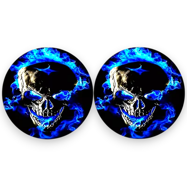 Blue Flame Skull Car Coasters 2pc Gothic Cup Holder Insert Universal