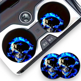 Blue Flame Skull Car Coasters 2pc Gothic Cup Holder Insert Universal