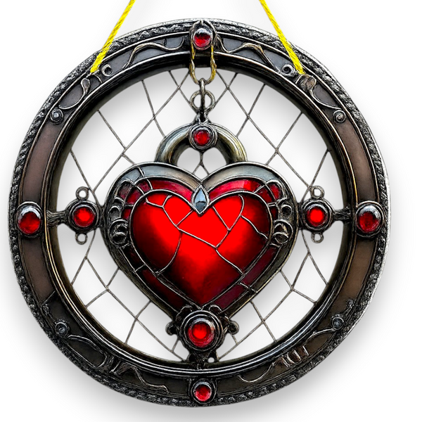 Gothic Red Heart Stained Glass Suncatcher – 2D Flat Hanging Window Decor
